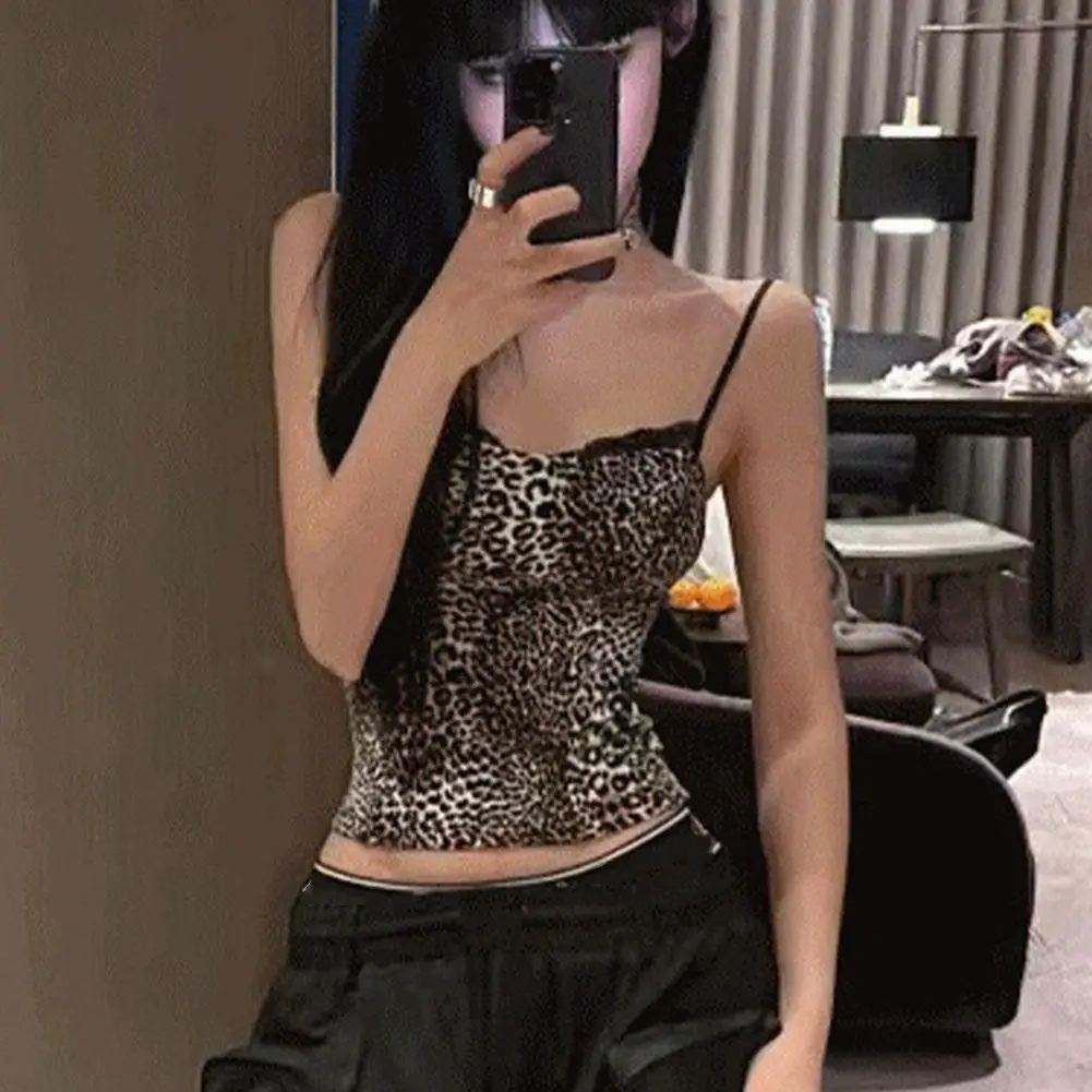 Women\'s Leopard Crop Tops Vest Aesthetic Corset Tops Off Shoulder Sleeveless Y2k Sexy Vintage Tank Tops Vintage Summer Sling