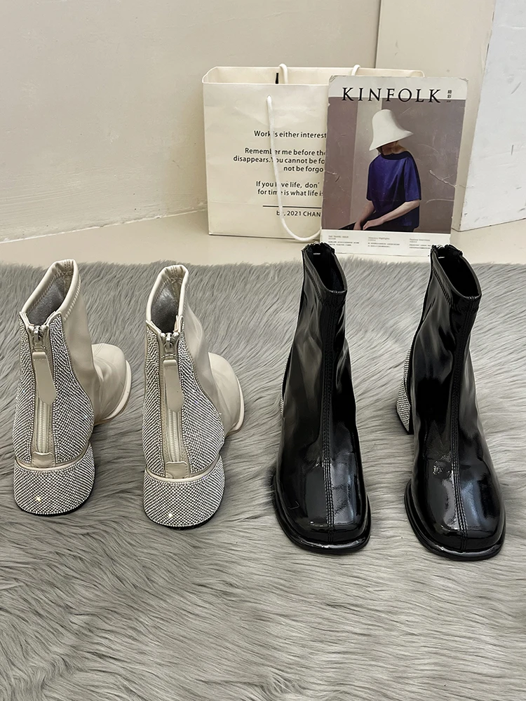 Scarpe da donna stivaletti primavera e autunno 2022 nuova moda testa quadrata tacco spesso flash diamond zipper scarpe tacco medio