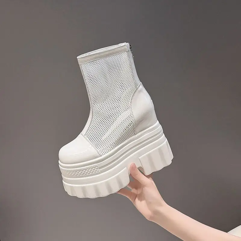 

2026 New 13CM Short Ankle Boots Women Fashion Daily Patry High Block Heels Split Leather Patchwork Mesh Leisure Women Boot Shoes