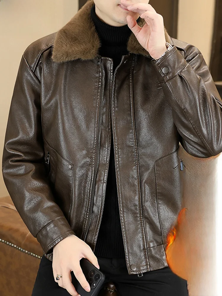 

Мужская куртка из натуральной кожи с воротником из искусственного меха, утепленная пухом, осенне-зимняя, новая, из овчины, утолщенная, теплая верхняя одежда