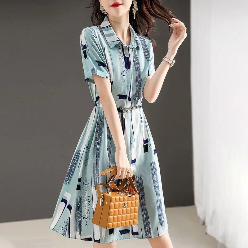 2023 Summer New Short-Sleeved Dress High-End Western Style Waist-Slimming Slimming Chiffon Blue Polo Collar Temperament Wild