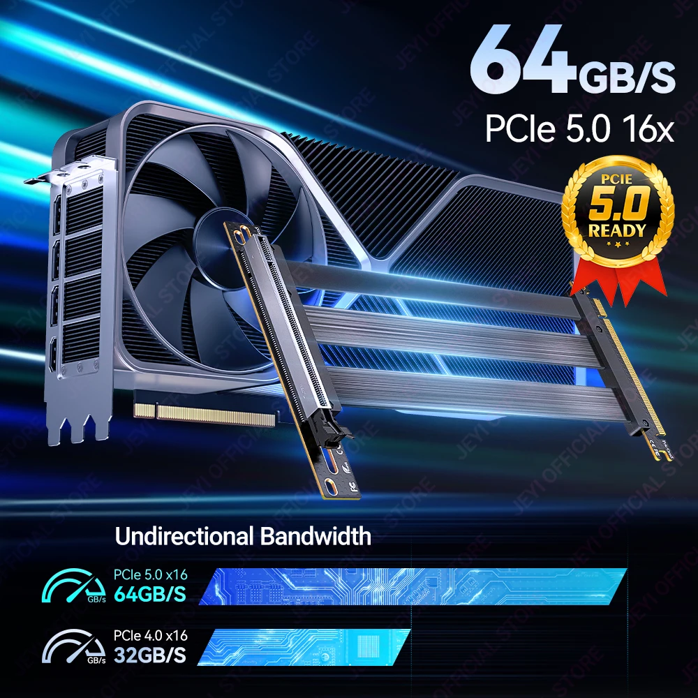 JEYI PCIe 5.0 Cable elevador, cable de extensión de tarjeta gráfica de 64 GB/s compatible con RTX5090, RTX4090, RX8900, RX7900, WRX80/WRX90E