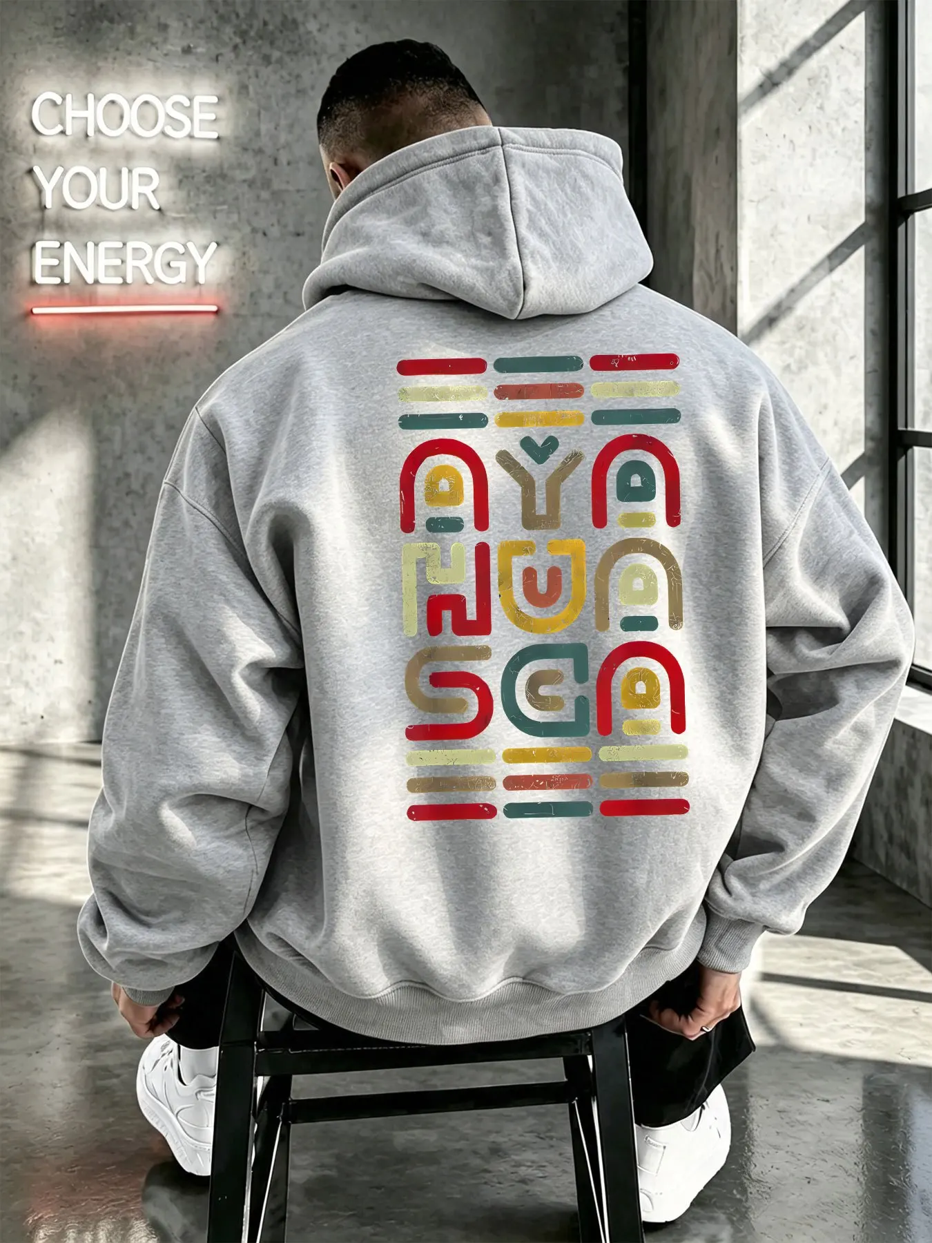 Boho Abstrakt Gestalteter Farbiger Buchstaben-Hoodie für Herren Vintage Mehrfarbiger Alphabet-Kunstdruck Lässiger Lockerer Streetwear-Hoodie – Detail 4
