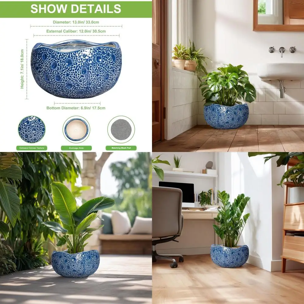 

Large 13 Inch Ceramic Plant Pots for Indoor and Outdoor, Round Decorative Flower Pots with Drainage, Modern Unique Planters, Hom