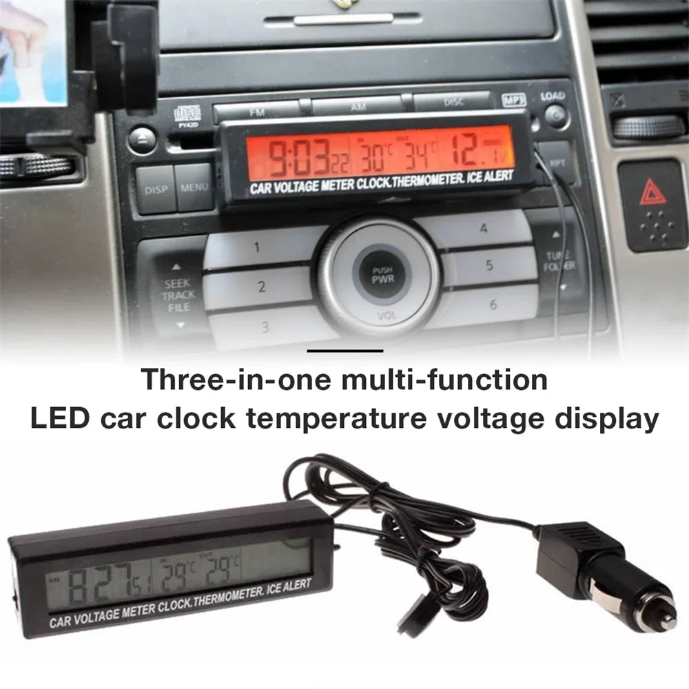 12-24V coche 3 en 1 termómetro Digital interior y exterior pantalla voltímetro de batería de coche y reloj LCD con retroiluminación del Sensor de temperatura