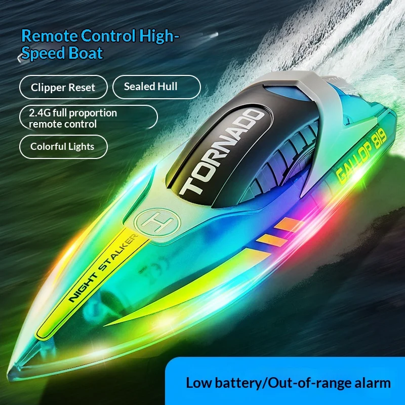 Tornado Hj819 Remote Control High Speed Boat 2 4G Led Light Waterproof Rechargeable Capsize Reset Sealed Hull Low Power Alarm
