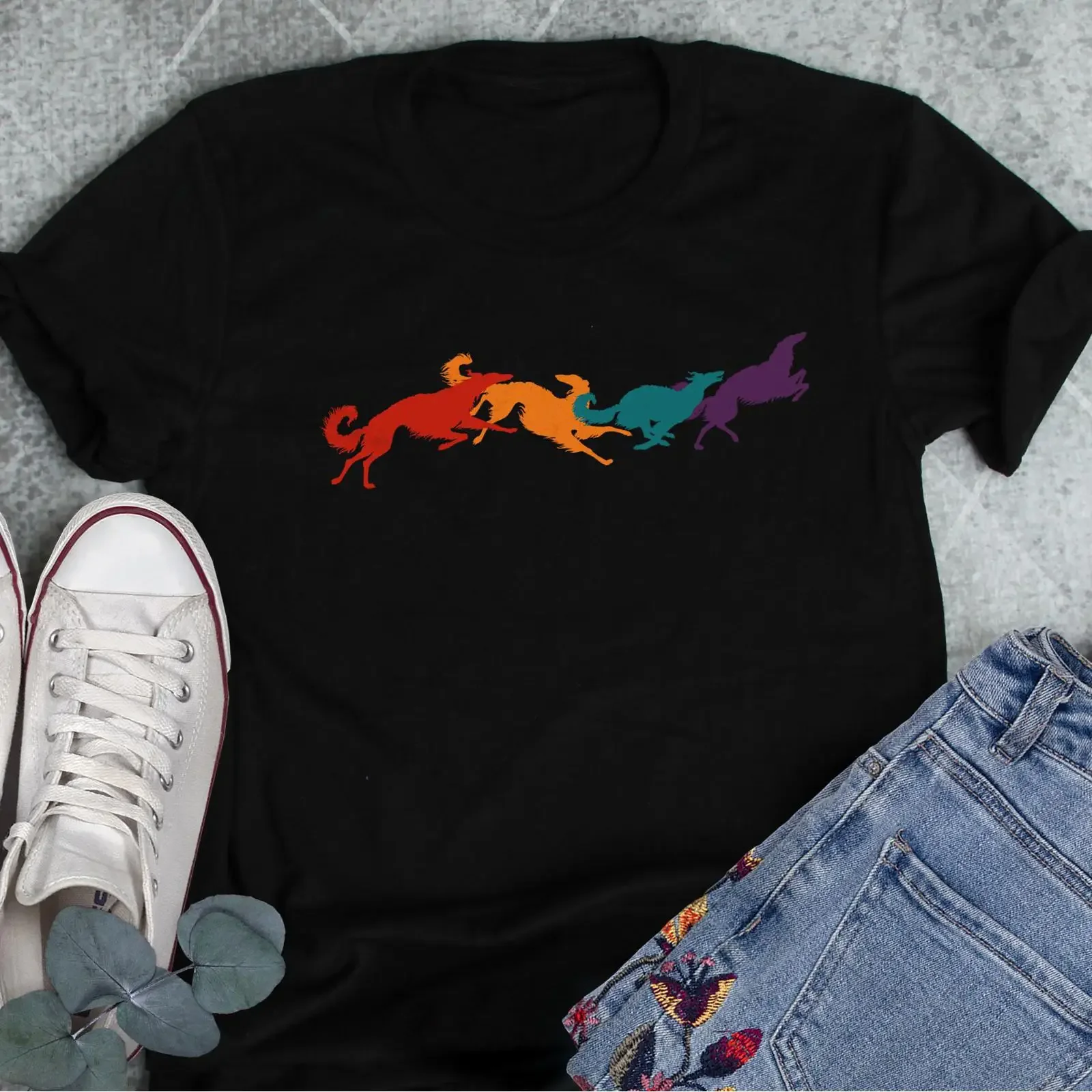 Vibrant Color Running Borzoi T shirt Russian Sighthound Funny Dog Lover for Pet Mom Dad vintage Washed streetwear Breathable