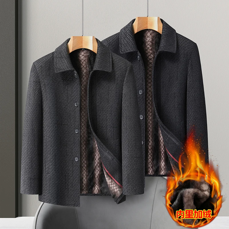 

Зимние шерстяные куртки с лацканами, мужские толстые и теплые пальто средней длины, повседневное деловое шерстяное пальто для папы среднего возраста, мужская одежда