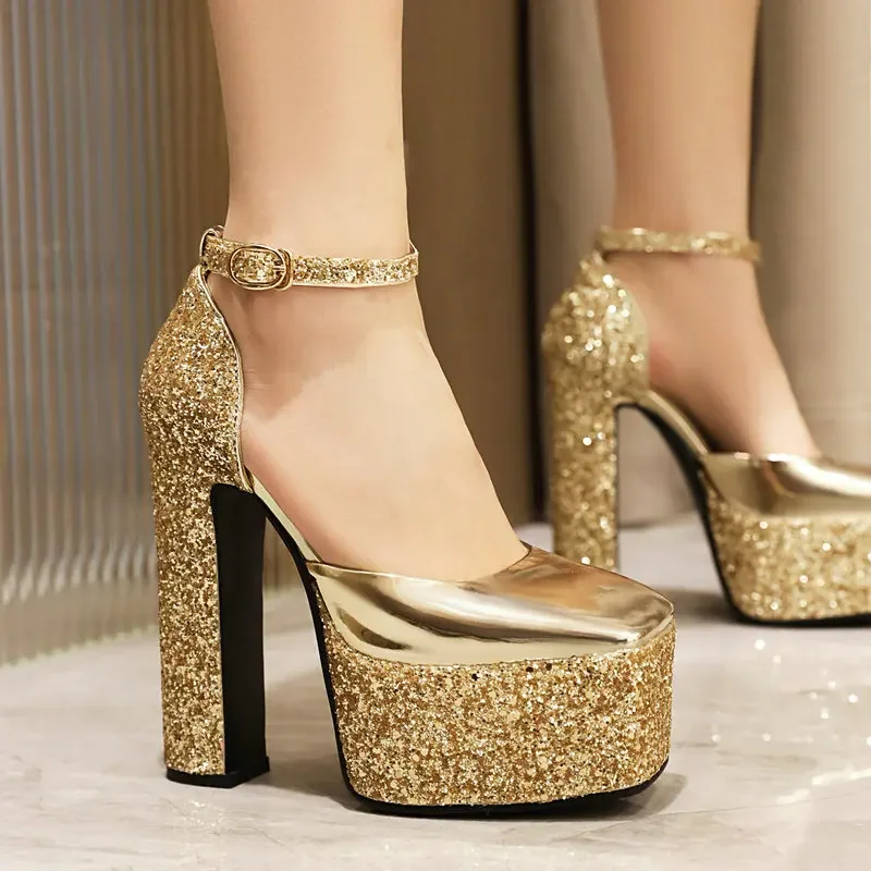 

Sequins Glitter Bling Shiny Gold Silver Closed Toe Summer Mary Janes Pumps Platform Thick High Heels Party Wedding Women Sandals