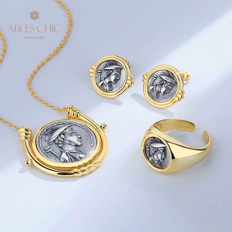 Imagem -05 - Grego Deidade Flip Moedas Pingente Ouro 18k Two Tone Sólido 925 Prata Roman Rotating Coin Colar N1058