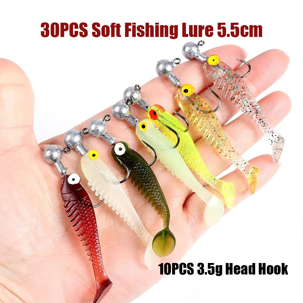 30 Stück weiche Angelköder, 5,5 cm, T-förmiger Wurm, 10 Stück, 3,5 g, Jigging-Kopfhaken, Metall-Jig, Karpfenangeln, Pesca, Swimbait-Ausrüstung, Köder-Set