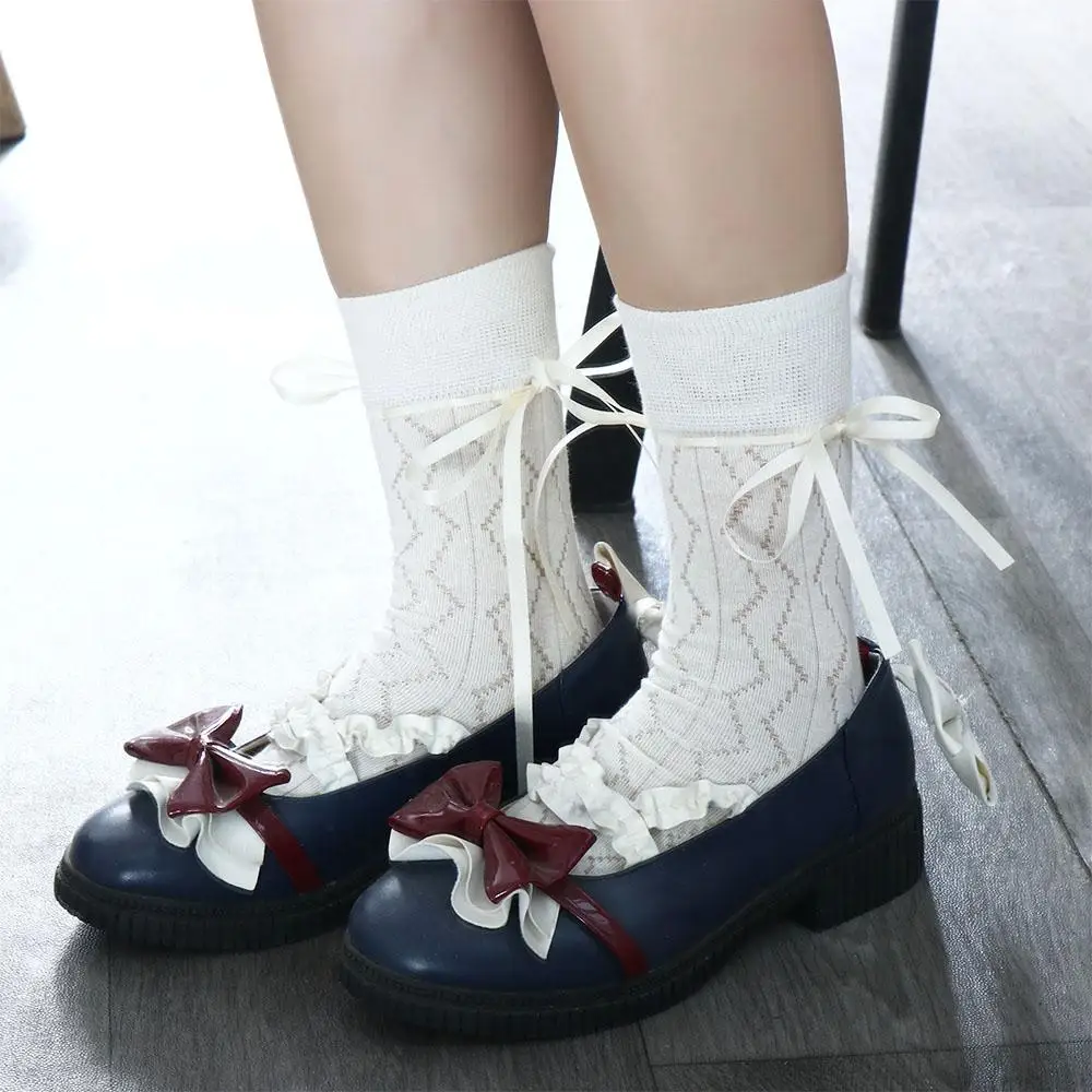 Medias de vendaje femeninas japonesas sin costuras con lazo de Lolita simples y transpirables calcetines de algodón calcetines largos medias dulces