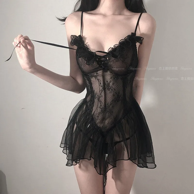 

Set Women Black Sexy Erotic Sling Lingerie Nightwear Robe Babydoll Attractive Sexy Sleepwear Charming Night Dress Sleep Wear