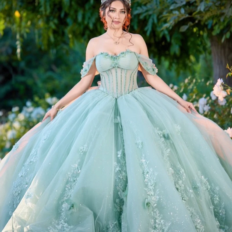 

Mexican Mint Green Shiny Sky Quinceanera Dresses Ball Gown Glitter Applique Flower Beaded Bow Tull Corset Sweet 16 Vestidos De