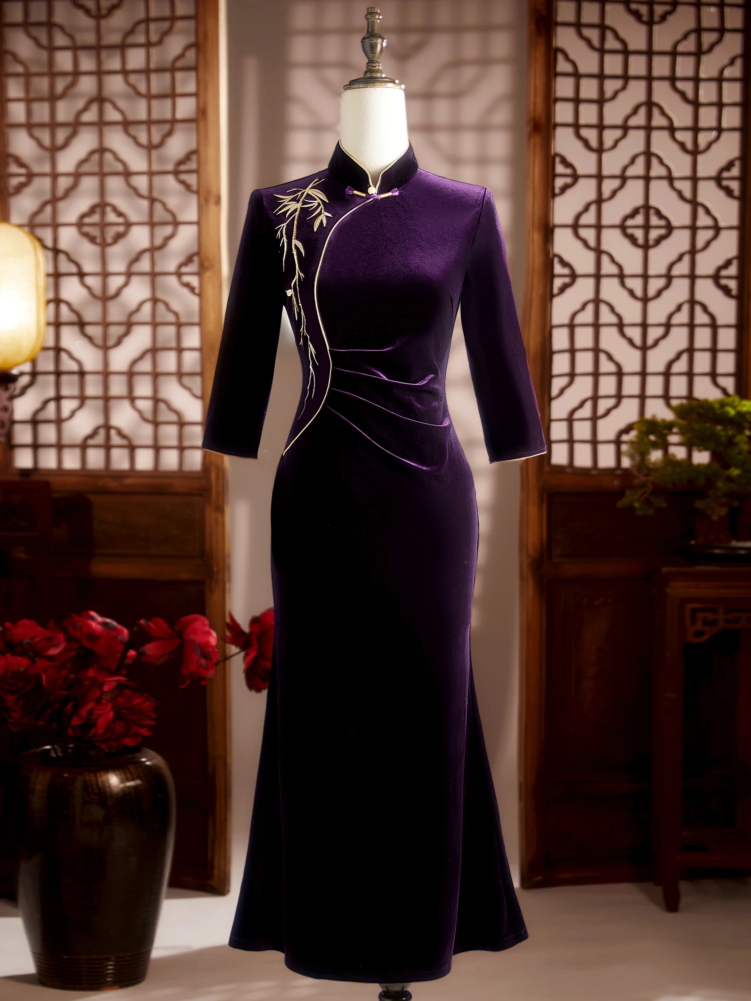 

Purple Fi Tail Qipao Wedding Dinner Dr New Chinese Sle Reformed Happy Mother-In-Law Bamboo Le Daily Wear
