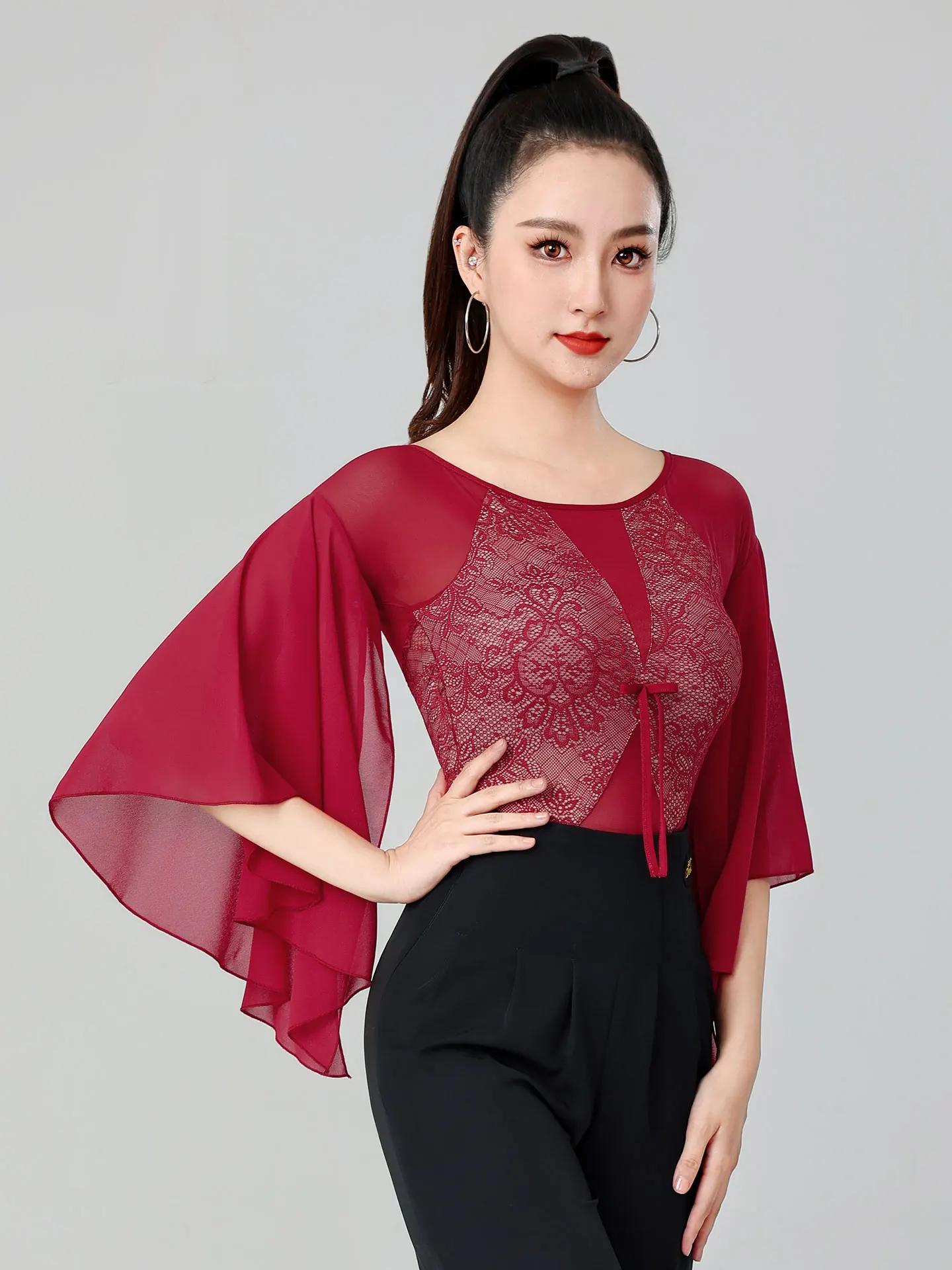 Leotardo de danza moderna, corpiño de manga flotante de encaje, Top de baile de salón de vals, ropa de baile latino