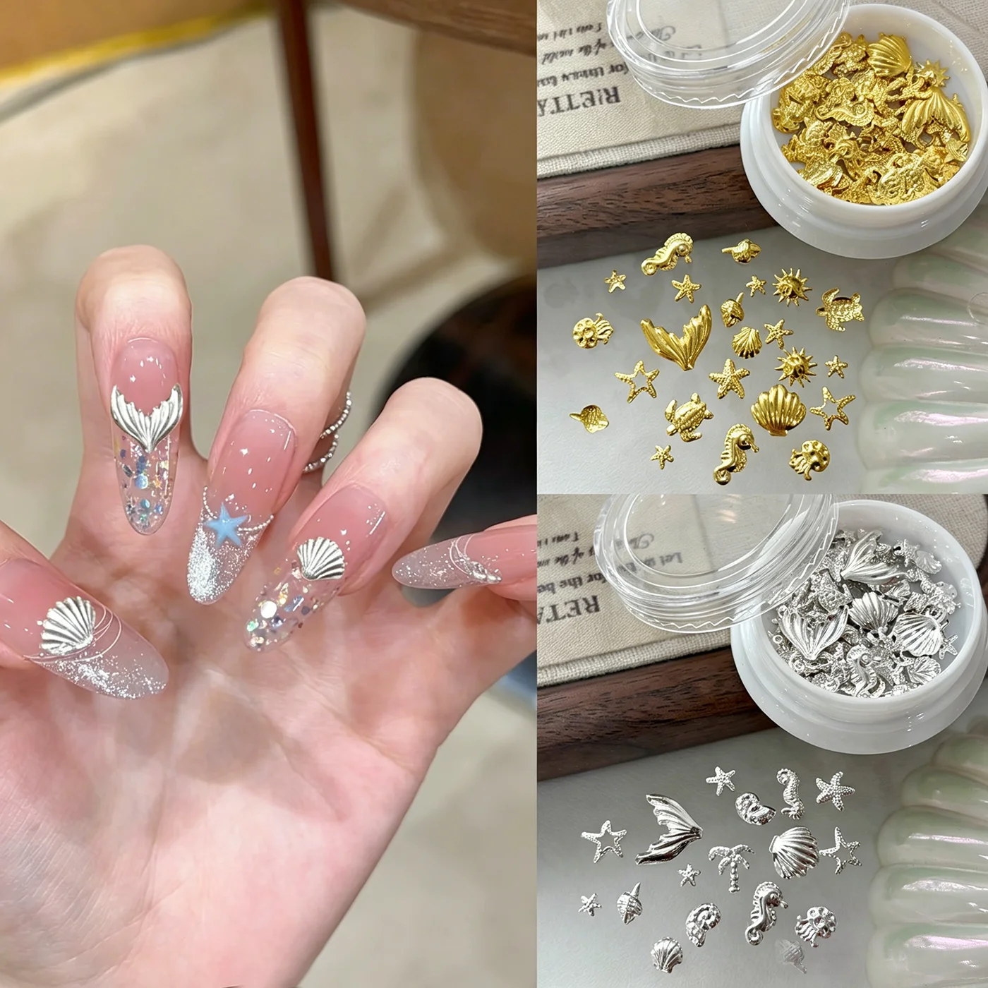 2Boxes Metallic Gold Ocean Theme Nail Charms Mixed 3D Seahorse/Shell/Starfish/Octupus/Turtle Alloy Studs Nail Rivets Nail Decors