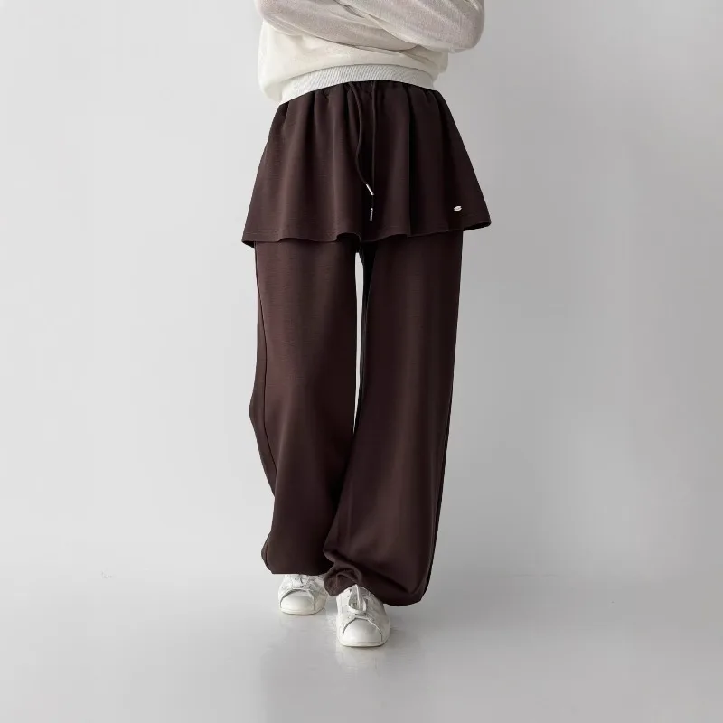 Fake Two-piece Trouser Skirt Women's New High-waisted Drawstring Drape Wide-leg Sweatpants Lazy Casual Sports Trouser Skirt