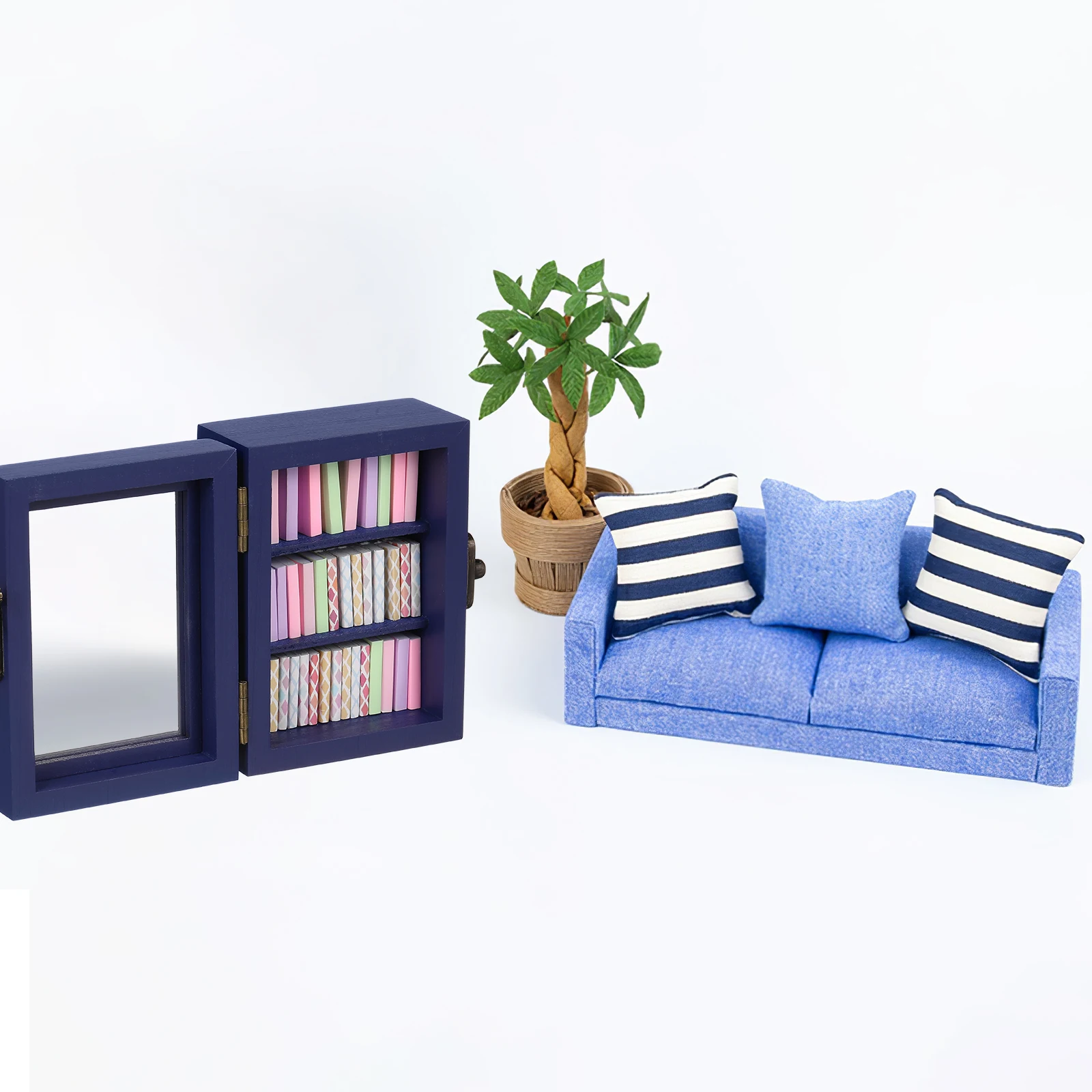 

Mini Wooden Bookshelves Bookshelf Accessories Dollhouse Kitchen Furniture Living Room Bookcase Blue Storage Cabinet