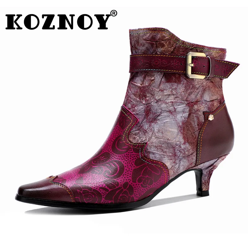 Koznoy 5cm Synthetic Sheepskin Leather Print Moccasins Embossed Big Size Autumn Ethnic Chunky Heel Embossed Spring Woman Shoes