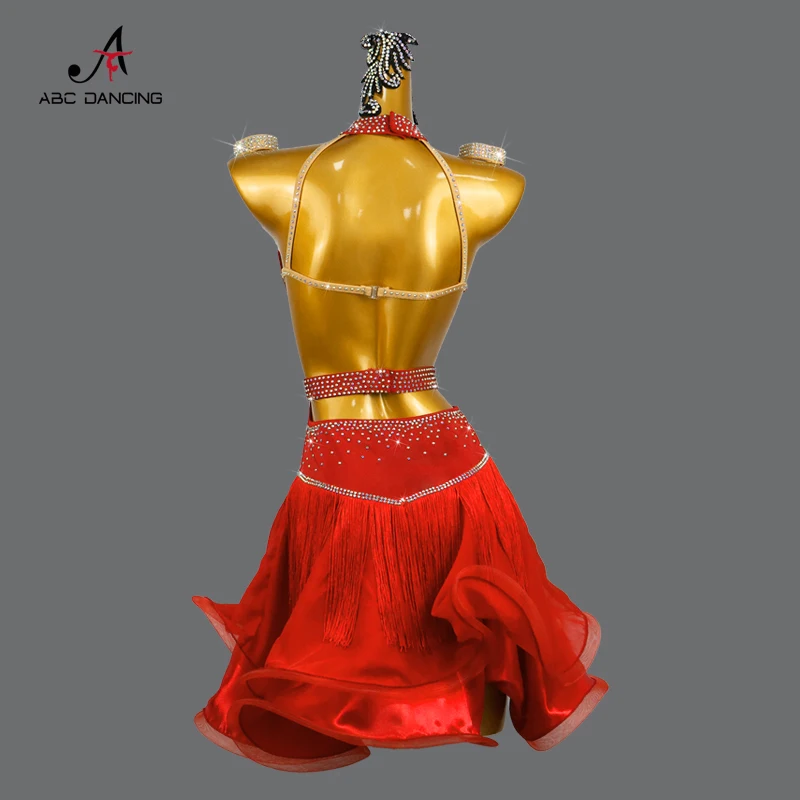 Neue rote latein amerikanische Kleid Tanz wettbewerb sexy träger losen Rock für Frauen Diamant Mädchen Ball Party Kleidung Bühne sexy Linie Anzug Midi