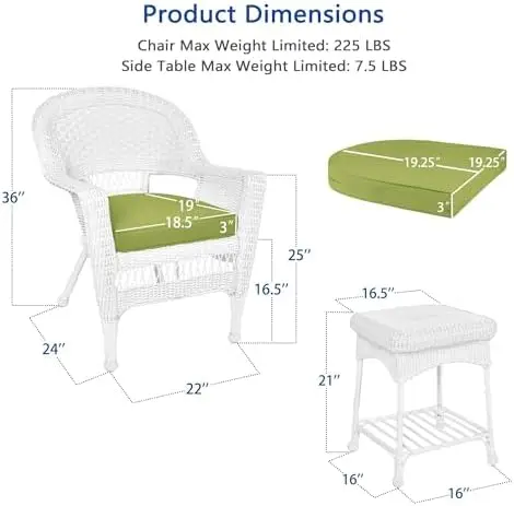 3-delige rieten bijzettafelset met groen stoelkussen, wit