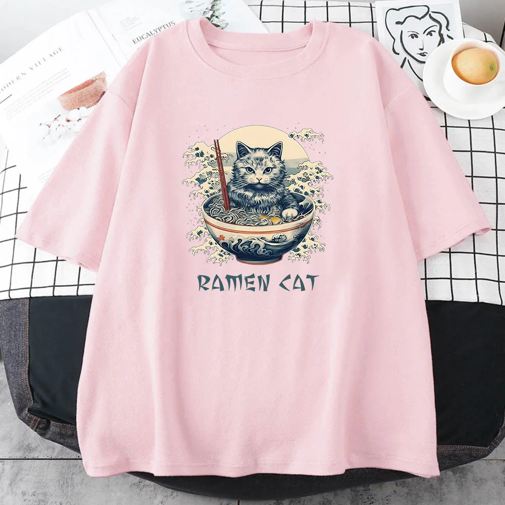 Ukiyoe Kanji Ramen Cat Japanese Style T-shirt Cotton Soft Comfortable Girls Tee-shirt Short Sleeve Women/Men Tees Tops Cartoon