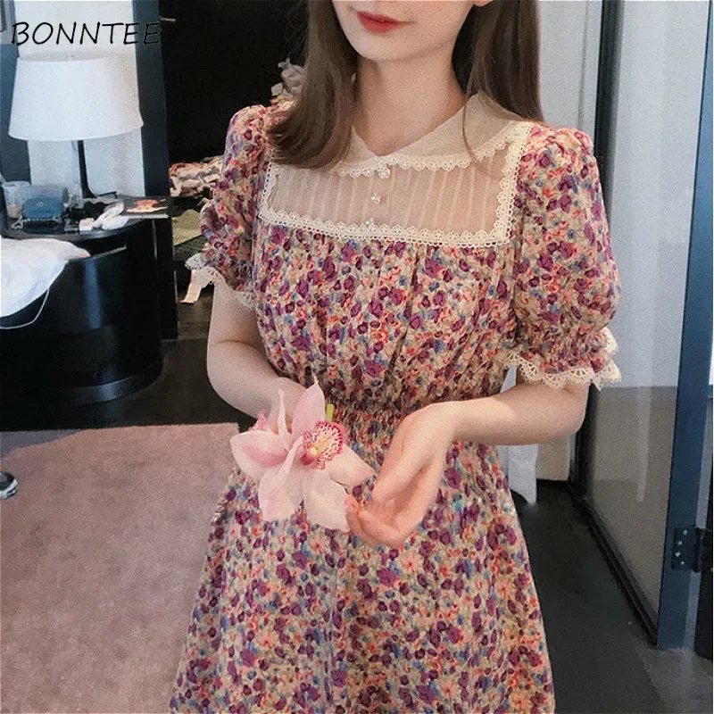 

Dress Women Floral Retro Vintage Summer Peter Pan Collar Empire Womens Lace Vestido Holiday A-line Chic Casual Ladies Sundress