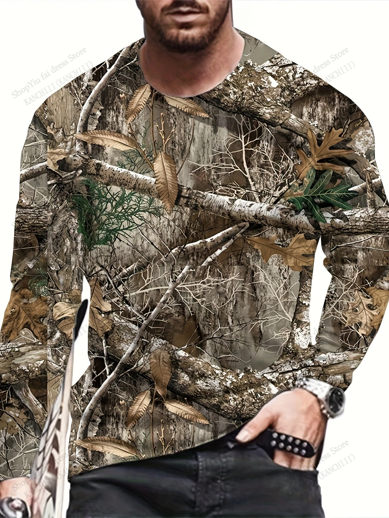 Men's Trees Camouflage 3D Print Long Sleeve Crew Neck T-shirt Men Women Fashion Oversized Tops Tees Outdoor Sports Tshirt Camo
