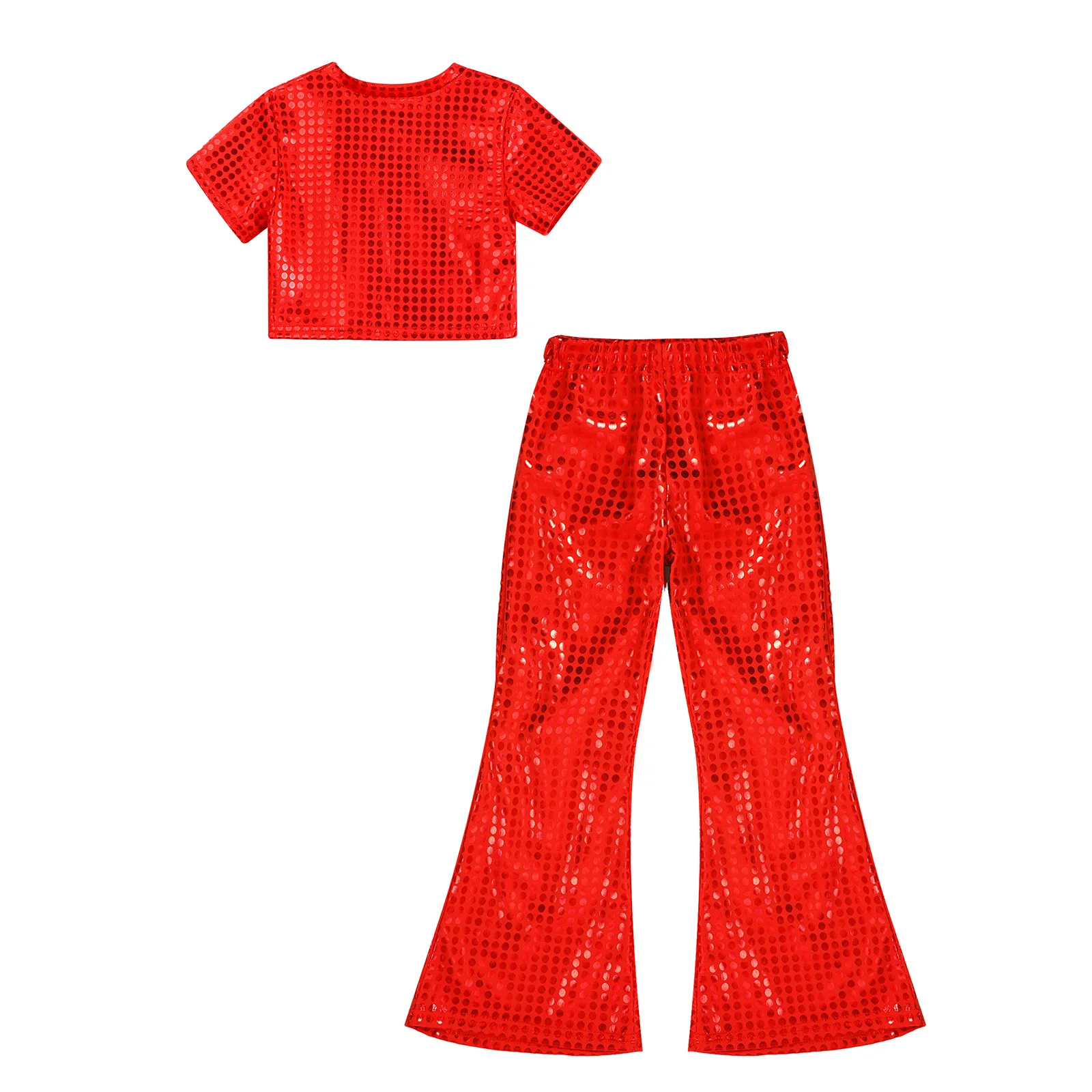 

New Child Girls Jazz Tango Cha-cha Dance Set Cheerleading Dance Outfit Performance Party Costume Set Sequins Crop Top with Pants