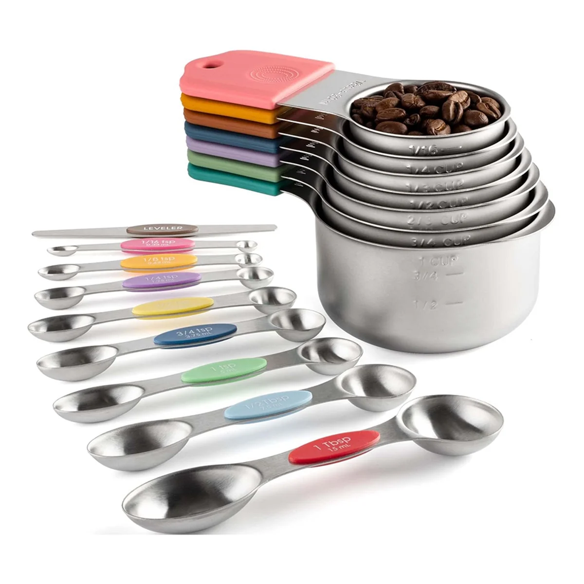 16Pc Magnetic Stainless Steel Measuring Cups&Spoons Set, 7 Heavy Duty Cups,8 Double Sided Spoons with Leveler Multicolor