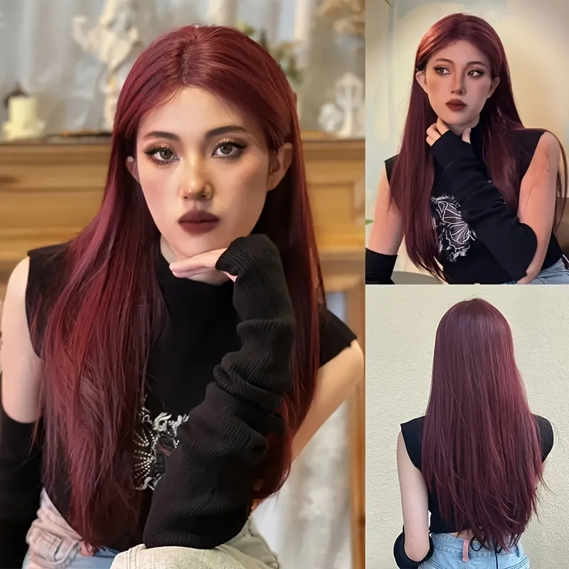 Peruca de cabelo liso para senhoras, peruca estilo diário, cosplay colorido, resistente ao calor, divisão média, europeu e americano, moda, 28"