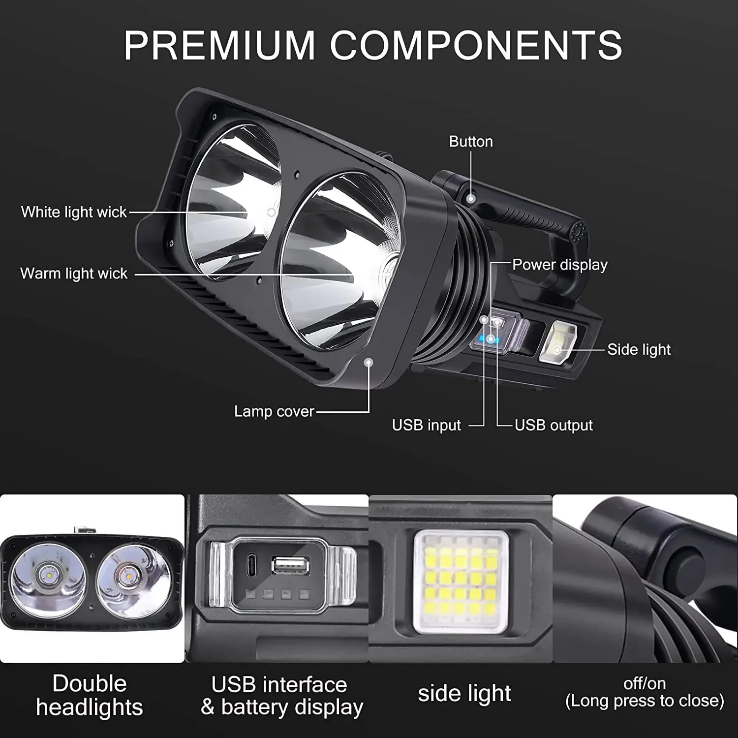 Powerful Dual Head LED Searchlight 2*XHP50 Waterproof Spotlight USB Rechargeable Super Bright Outdoor Flashlight With Side Light