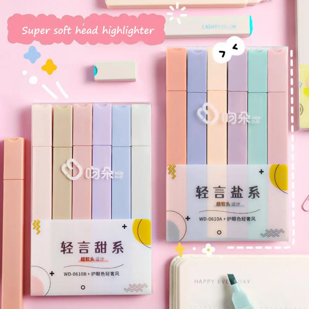 Resaltadores de colores Pastel de agarre cómodo, bolígrafos fluorescentes de punta suave para estudiantes, juego de rotuladores de colores de barril cuadrado, 6