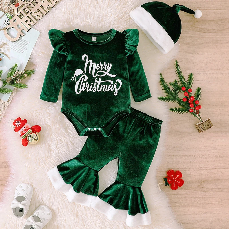 

3Piece Autumn Winter Baby Girl Outfit Set Christmas Cute Letter Fleece Long Sleeve Bodysuit+Flare Pants Newborn Clothes BC659