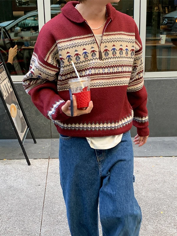 

Trendy Korean Sle Men's Knitted Sweater f Zipper Collared Sweater Casual Loose Fit Long Sve Warm Outerwear Coat