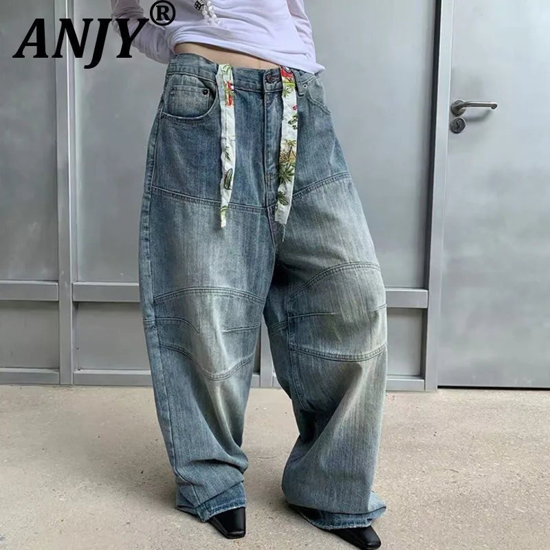 

ANJY, осенние новые женские американские модные уличные нишевые джинсы, модные потертые универсальные широкие джинсовые брюки с завязками A13085