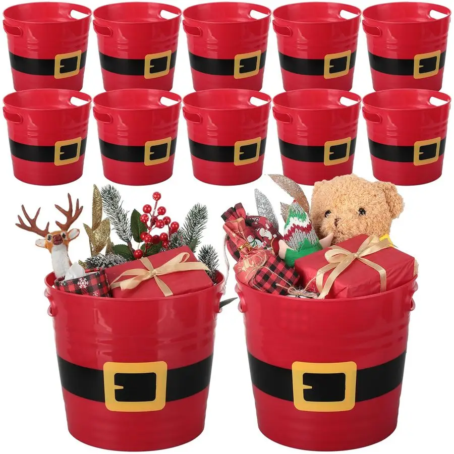 

12 Pack Empty Christmas Plastic Buckets with Handles Red Santa Belt Round Basket Multi Purpose Container Christmas Decorations C