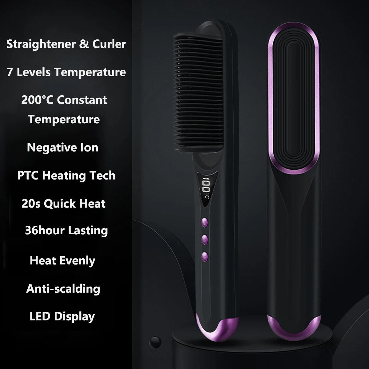 Mini Portable Straightener with LED Display, 7 Levels Temperature Straightening Tool USB Travel Heat Straight Brush