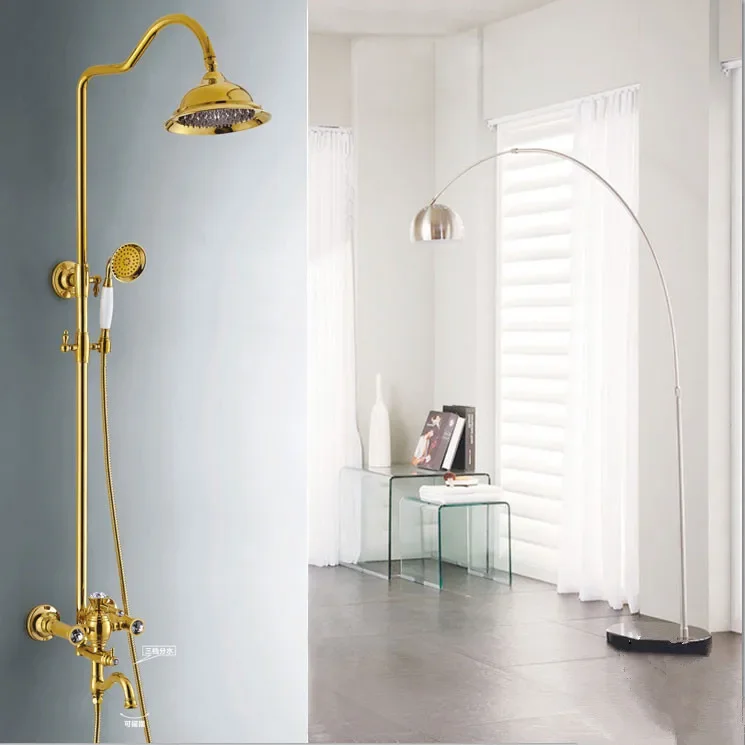 Shower Faucets Brass Luxury Gold Bathtub Faucets Round Rainfall Shower Head Handheld Slide Bar Wall Mount Bath Mixer T