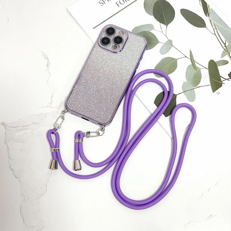 حافظة بحزام قابل للتعديل لهاتف آيفون 16 برو ماكس 15 بلس 11 12 13 14 برو 17 حبل كروس هوائي غطاء ورقي لامع مطلي شفاف