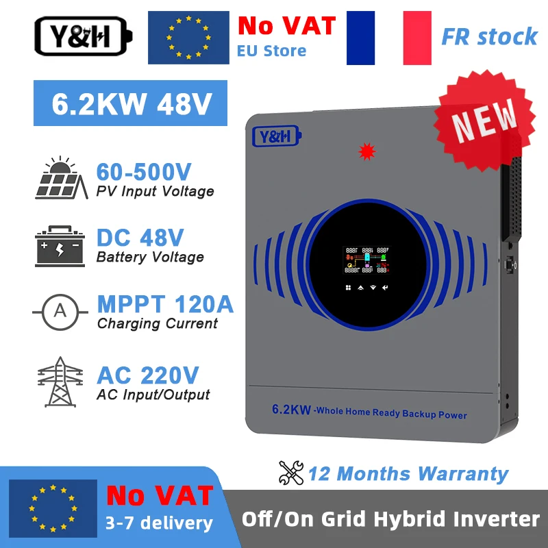 2026 Y&H 4,2KW 6,2KW Hybrid-Solarwechselrichter 24V 48V 220V On/Off-Grid-Wechselrichter mit Doppelausgang und MPPT 120A Solar-Laderegler