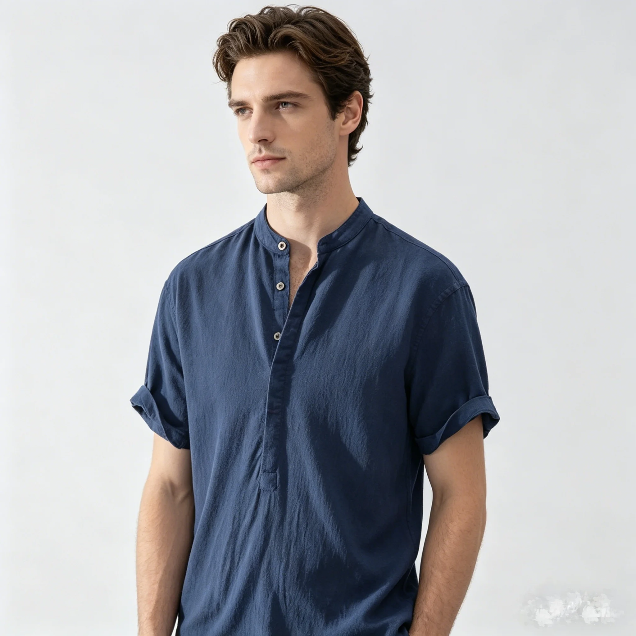 

New Men's Casual Blouse Cotton Linen Shirt Loose Tops Short Sleeve Tee Shirt Spring Autumn Casual Handsome Men's Shirts