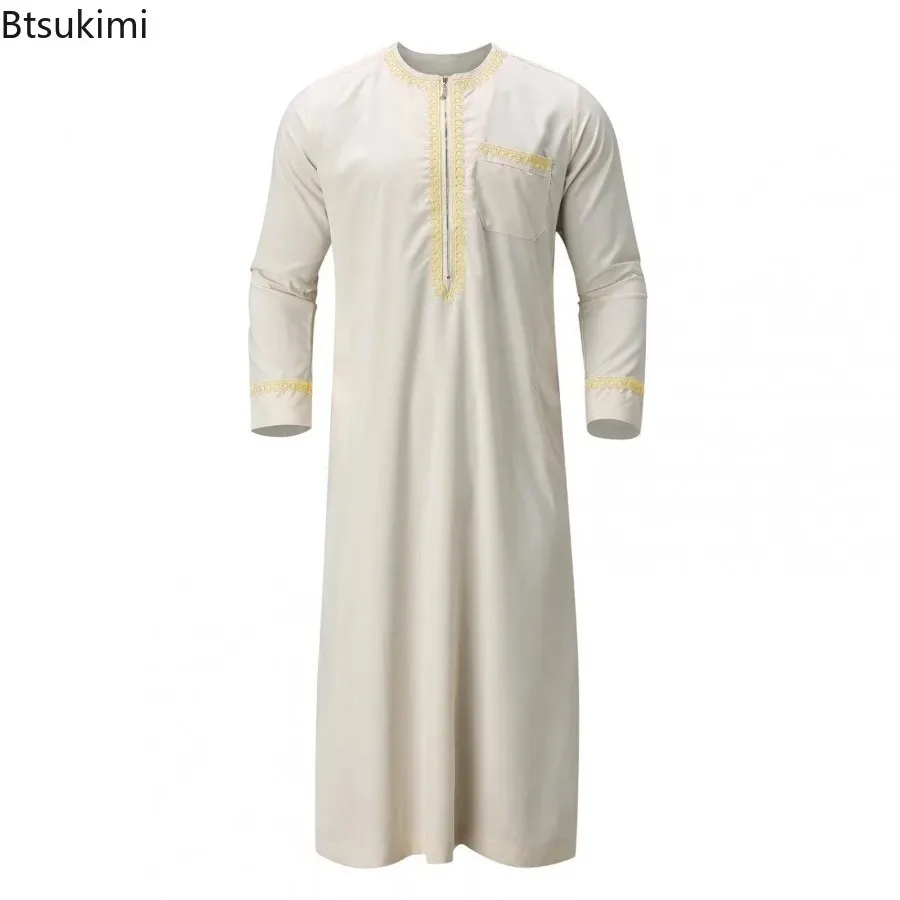 

2026 New Muslim Clothing Men Middle East Casual Shirt Dress Embroidery Dubai Robe O-neck Long Sleeve Kaftan Islamic Loose Abaya