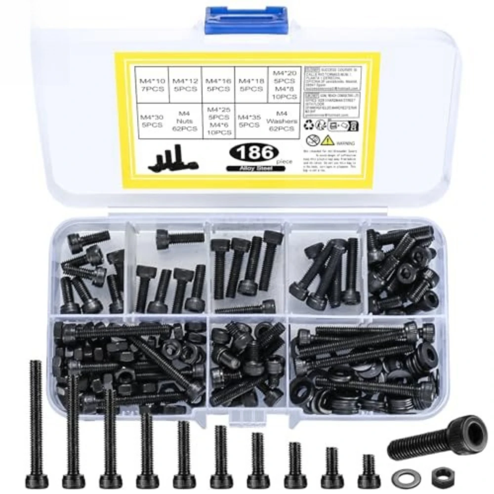 

186 Pieces Black Carbon Steel Cylindrical Head Hex Socket Bolts Nuts Flat Washers M4 Screws Box for Cabinets Tables Chairs Beds