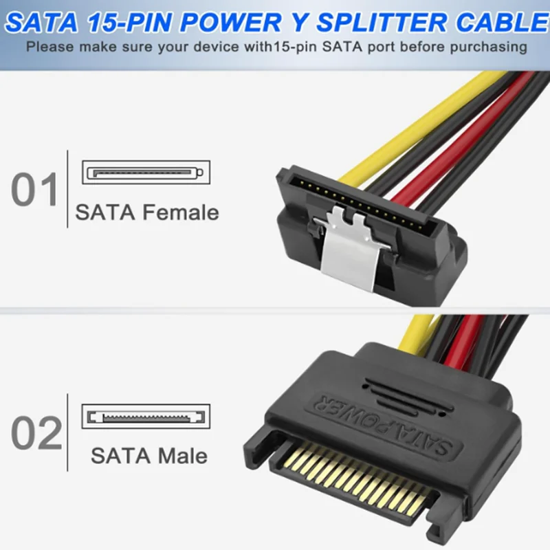 Splitter Y 1 to 2 extension Cable 90 Degree High Quality 20cm For Computer Case SATA 15Pin hard disk Power Male to 2 Female