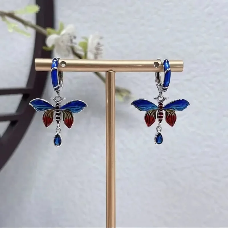 Silver 925 Vintage Style Enamel Butterfly Earrings for Women Palace Style Tassel Water Drop Ear Hook Female Charming Jewelry