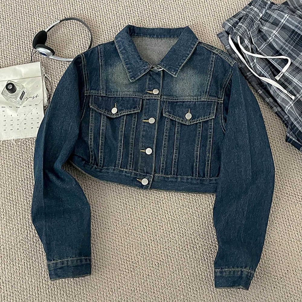 

Fashion Short Denim Jackets Women's Chic Korean Style Solid Color Turn Down Collar Coats Autumn All-Match Jean Outerwears