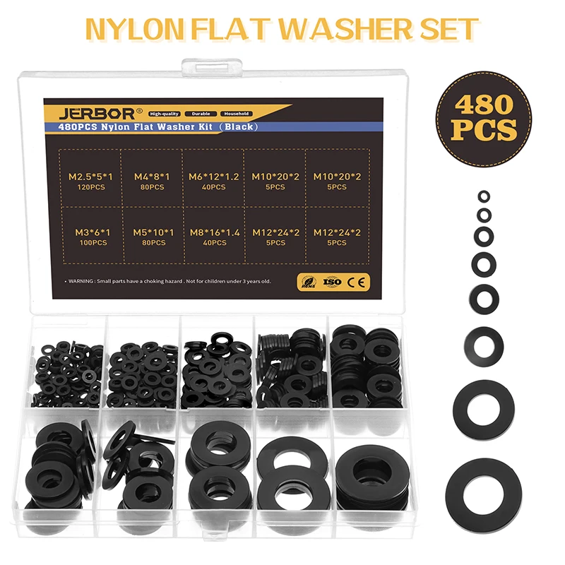 480pcs M2.5 M3 M4 M5 M6 M8 M10 M12 Black White Nylon Flat Washer Plastic Insulation Spacers Seals Gasket Washers Ring Kit