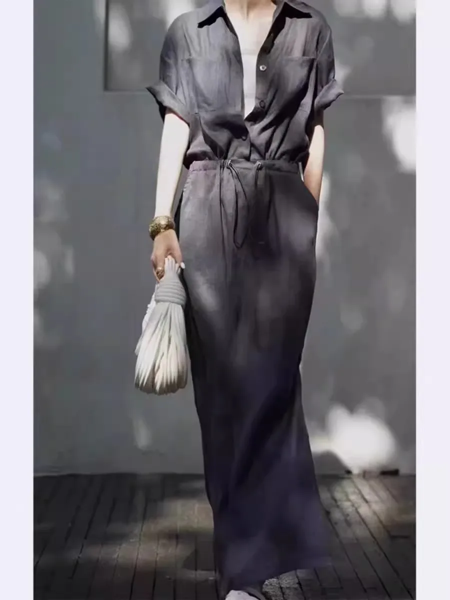 فستان كتان ريترو مع رباط خصر مرن ومزاج تنحيف مقاس كبير قميص نسائي فضفاض بأكمام قصيرة فستان طويل